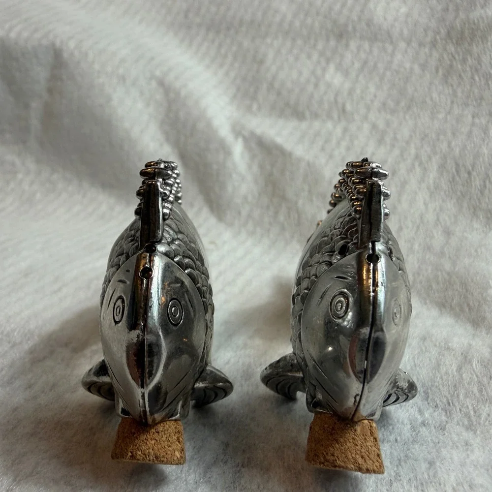 Vintage Silver Tone Metal and Glass Fish Salt and Pepper Shaker Set with Corks